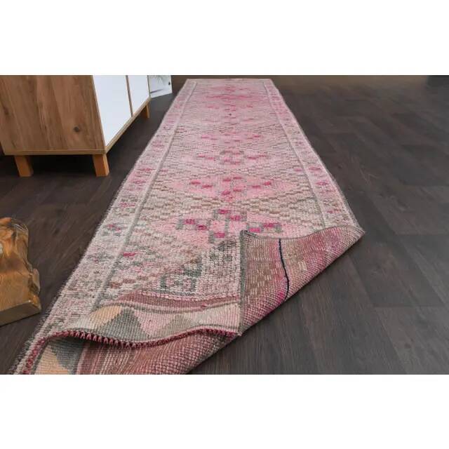 Vintage Turkish Oushak handmade wool cotton pink runner rug 82x346