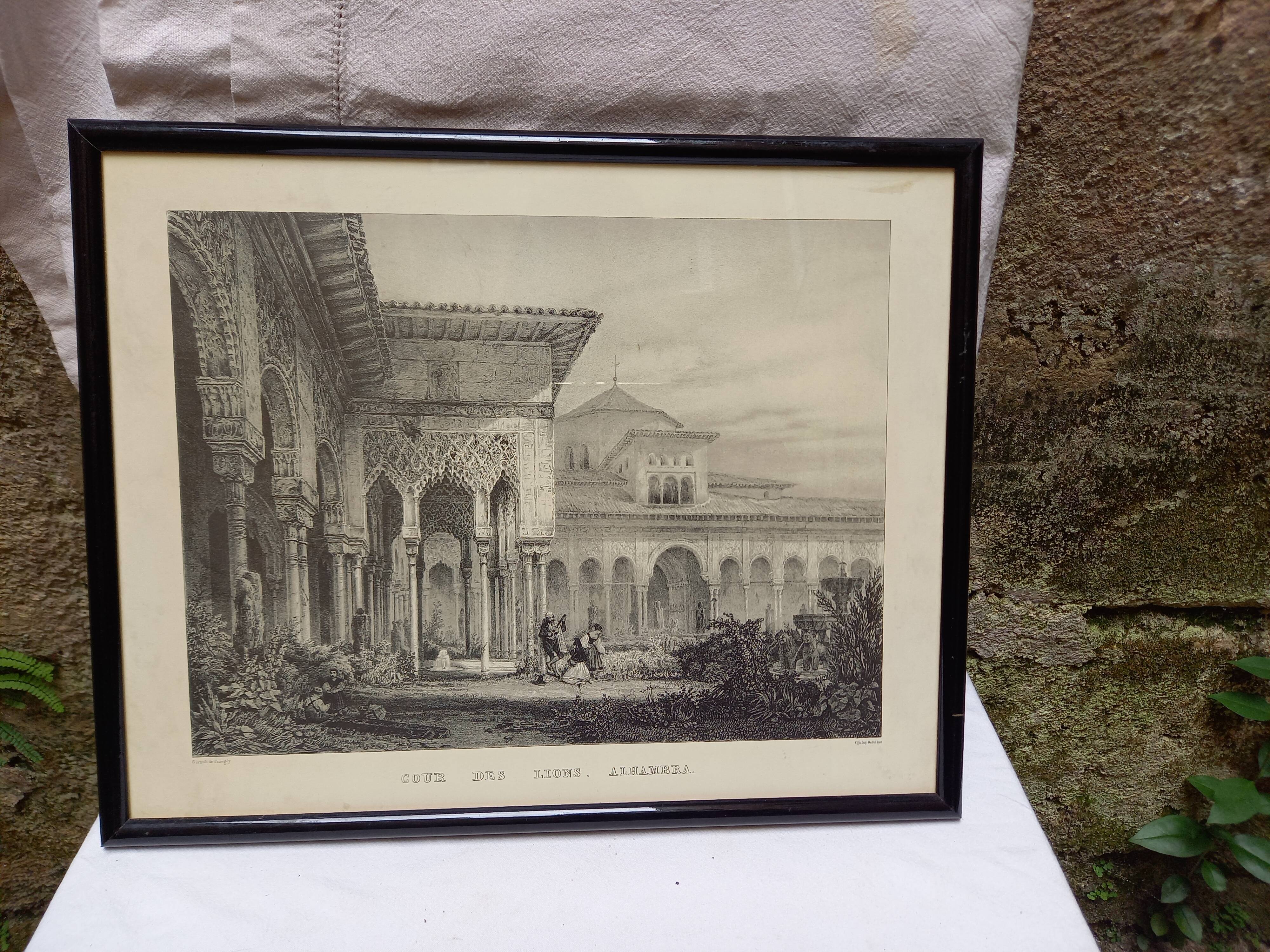 Antique engraving, Court of the Lions, Alhambra, Granada, Spain