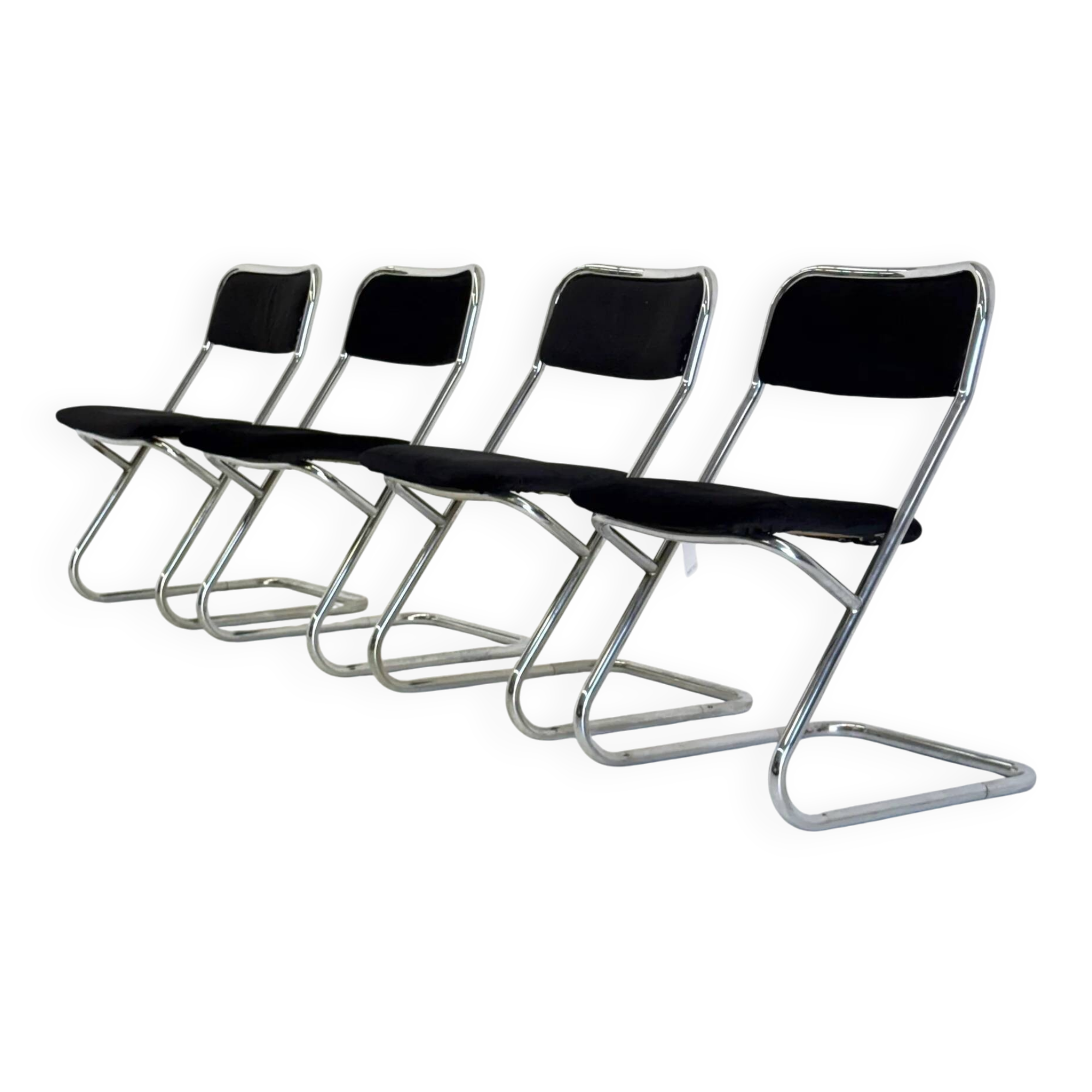 Set of 4 vintage tubular frame dining chairs in black velvet