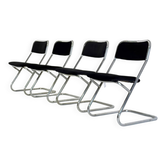 Ensemble de 4 chaises de salle à manger vintage à structure tubulaire en velours noir