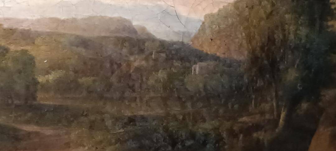 Antique painting on canvas depicting a bucolic landscape