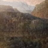 Antique painting on canvas depicting a bucolic landscape