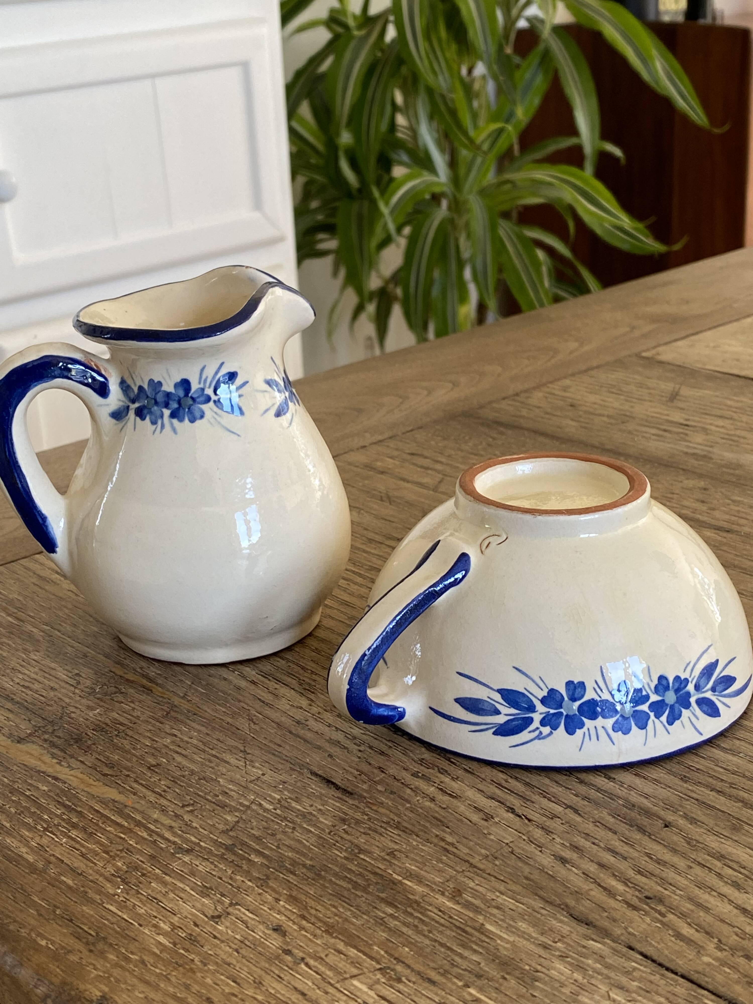 Handcrafted ceramic pitcher and bowl signed – blue decor – vintage tableware