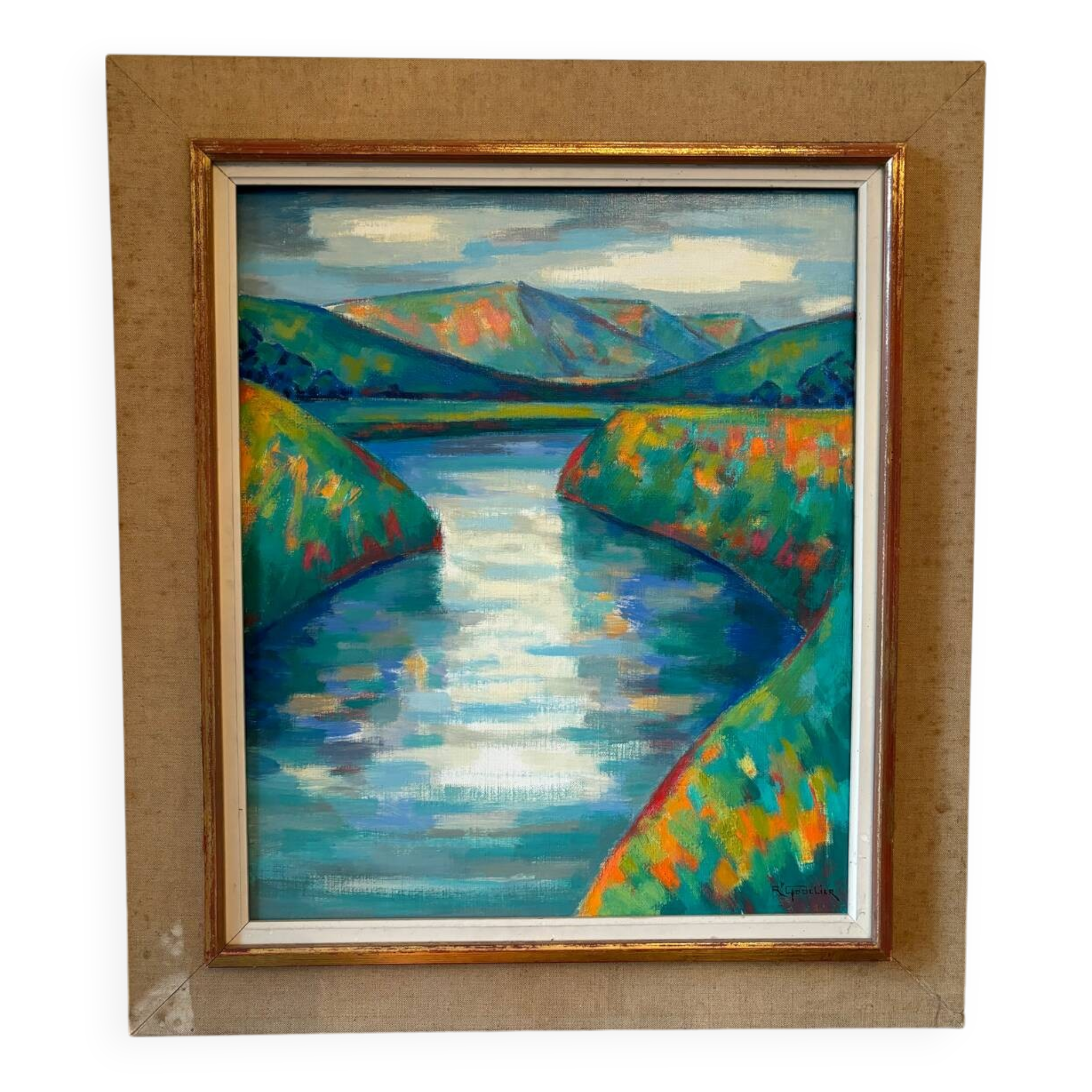 Lake and mountain landscape signed Godelier