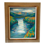 Lake and mountain landscape signed Godelier