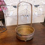 Basket planter with handle, gilded embossed copper mid 20th century