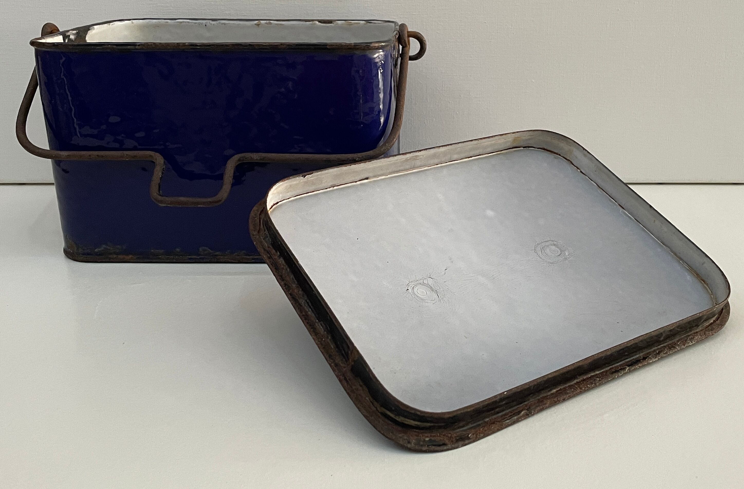 Old blue enamelled metal box