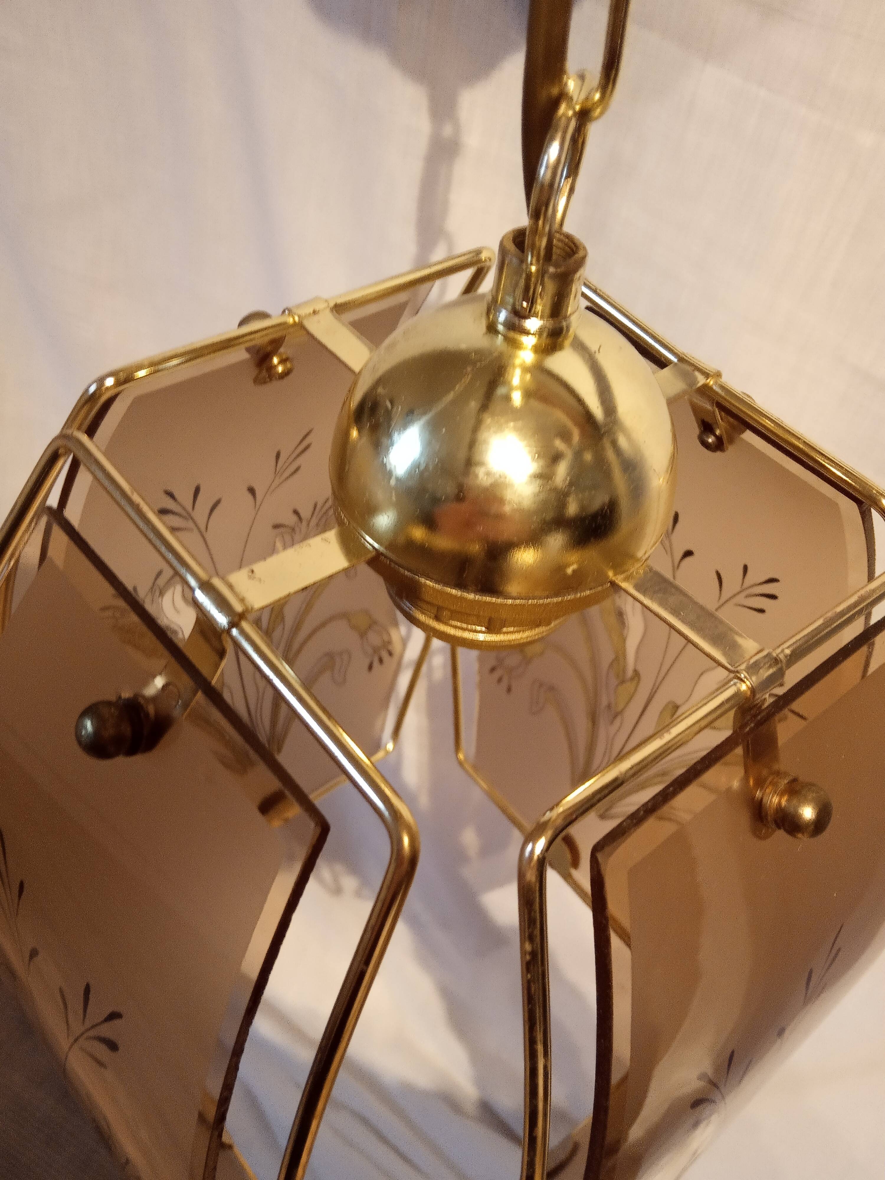 70s painted smoked glass and brass hanging lamp