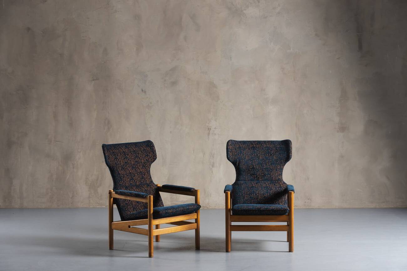 Armchair in teak with blue pattern cushion, Denmark, 1970s, set of 2