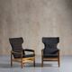 Armchair in teak with blue pattern cushion, Denmark, 1970s, set of 2