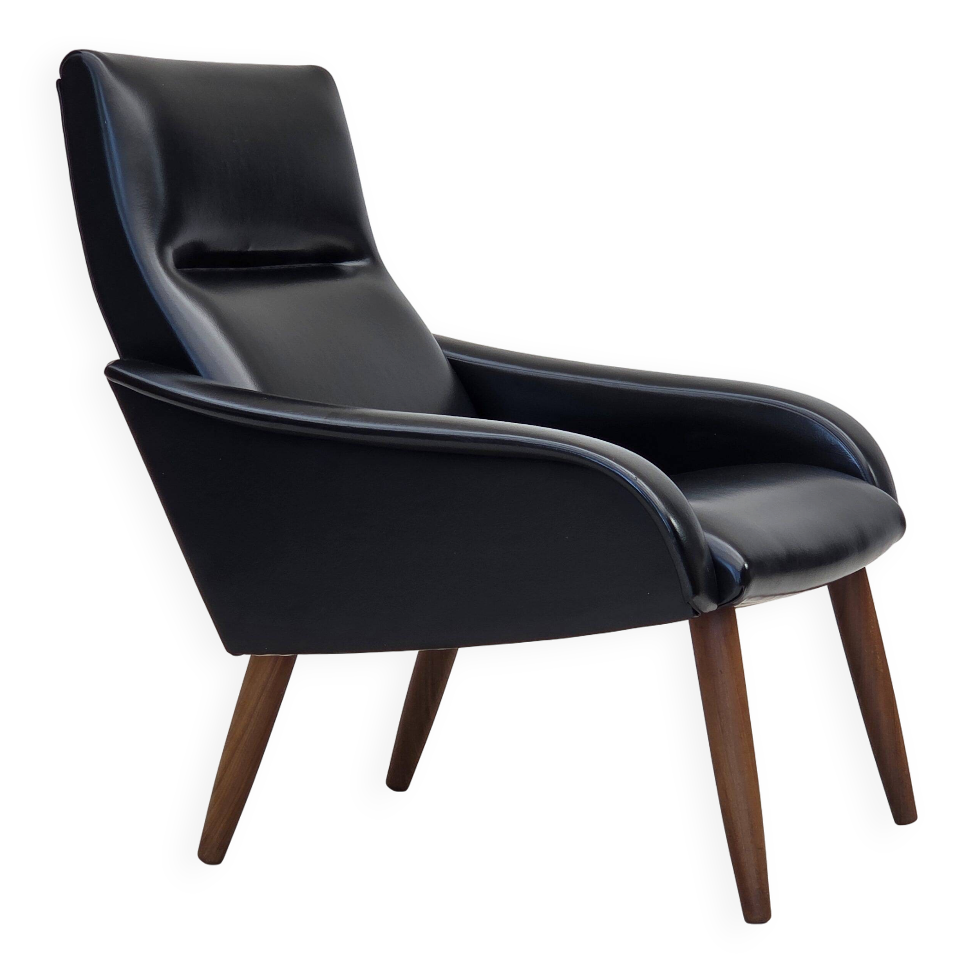 1970s, Danish armchair, black artificial leather, teak wood legs.