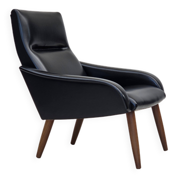 1970s, Danish armchair, black artificial leather, teak wood legs.