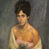 Tableau portrait d'une dame au bouquet de fleurs du 20ème siècle