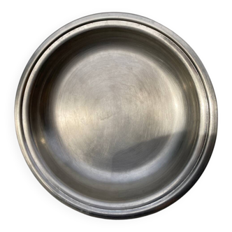 Round silver-plated metal serving dish with hallmark