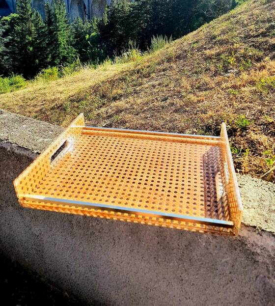 Cane and lucite tray, Alpac 1980