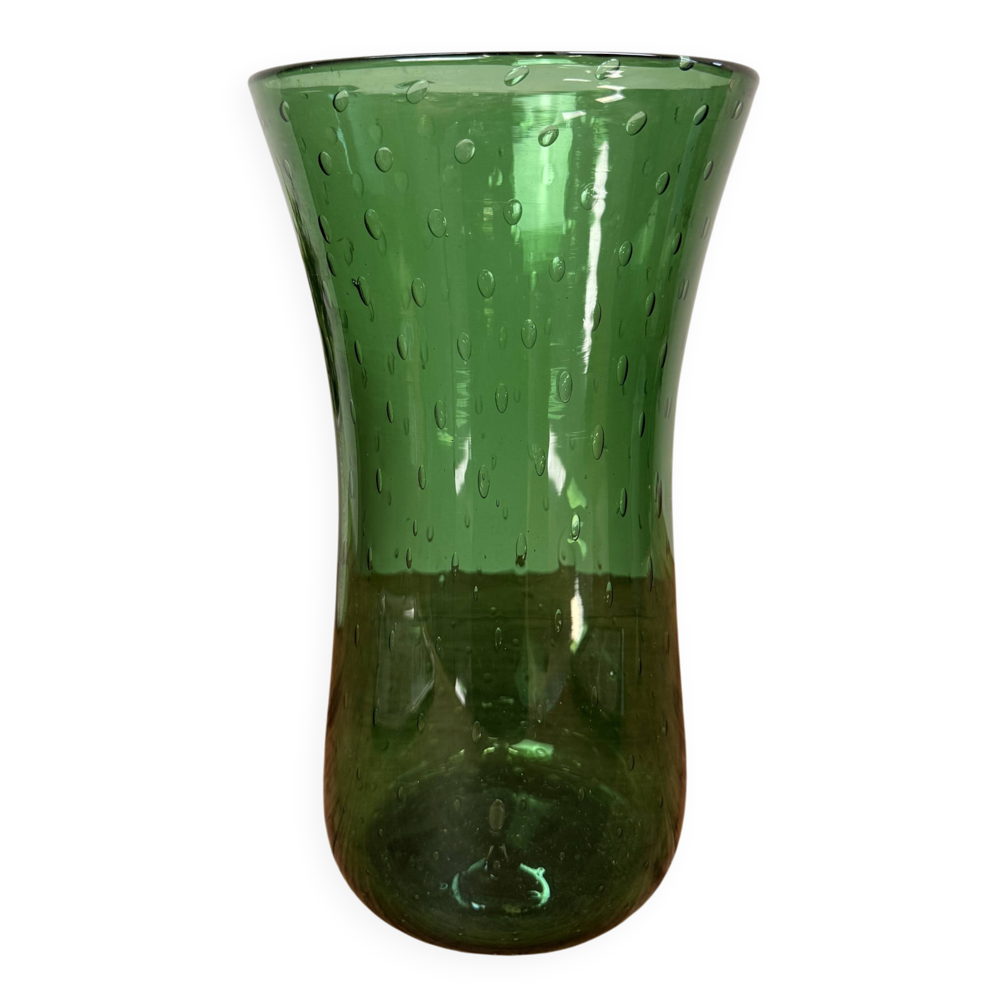 Green blown glass vase with a bubble design