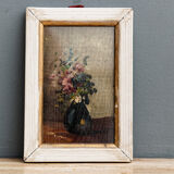 Huile sur panneau miniature - bouquet de fleurs