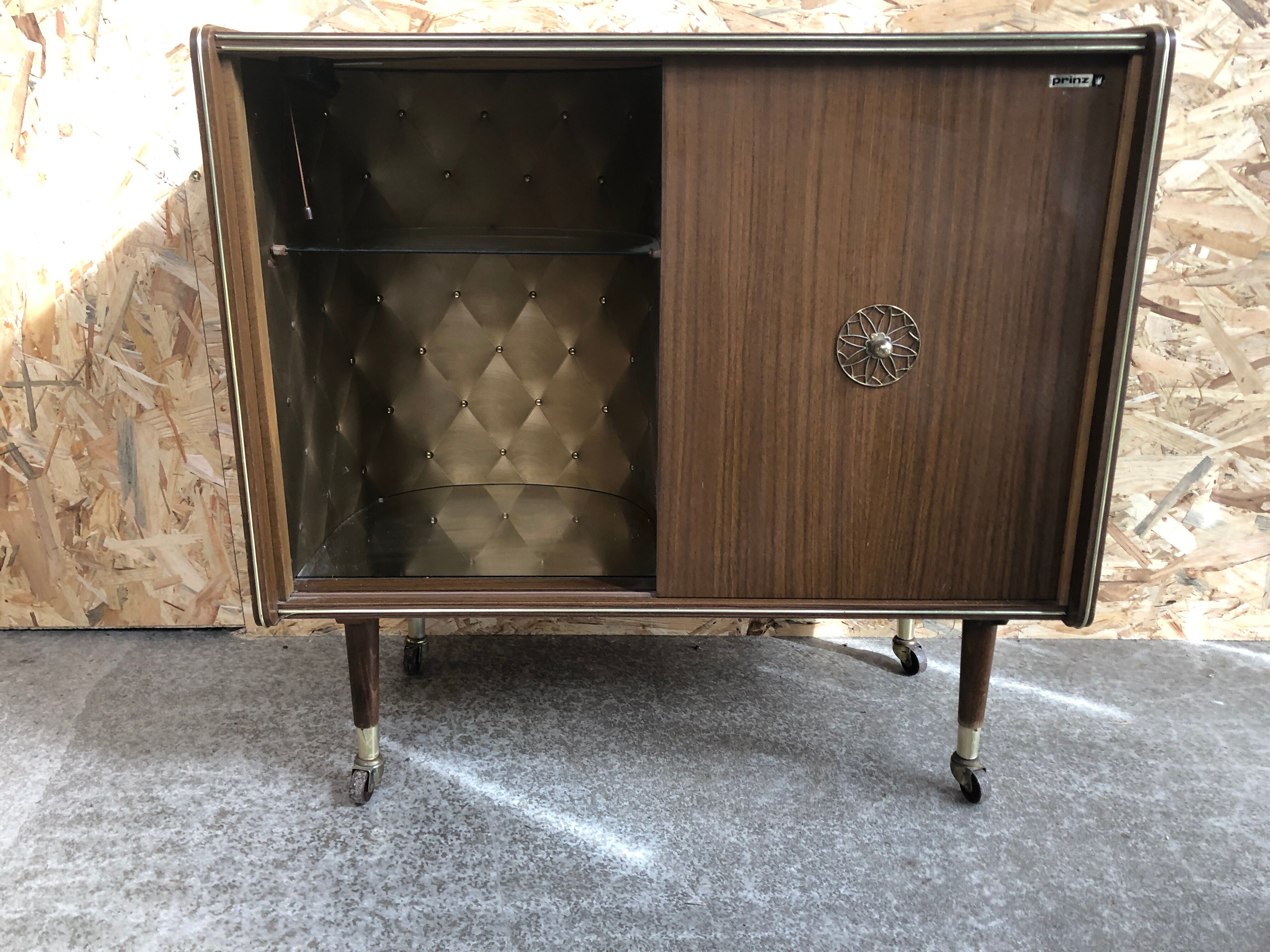 Prinz wooden hifi unit with padded interior door & vintage audio glass