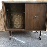 Meuble hifi prinz bois avec porte intérieur capitonné & verre audio vintage