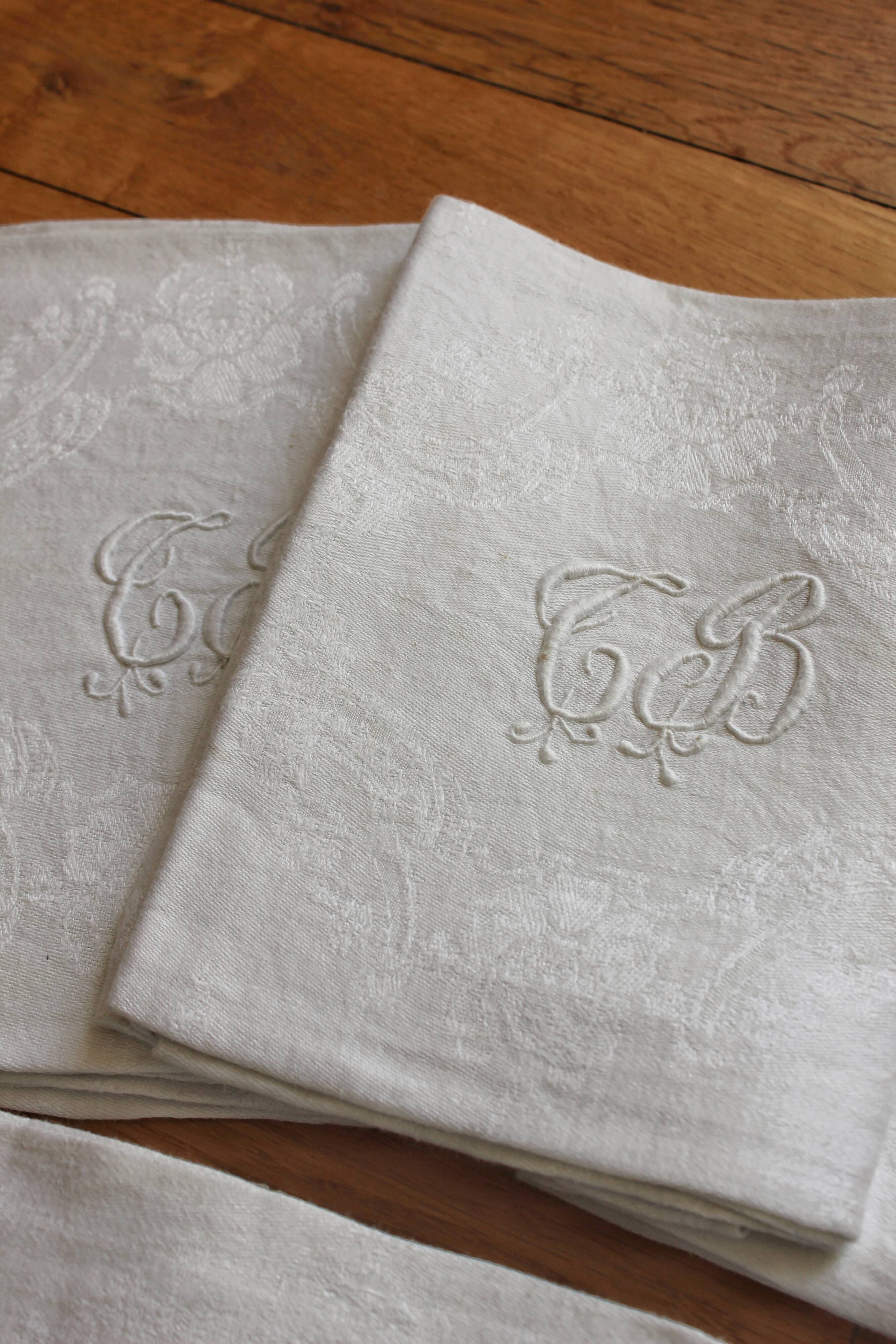 8 antique napkins in monogrammed and damask white linen