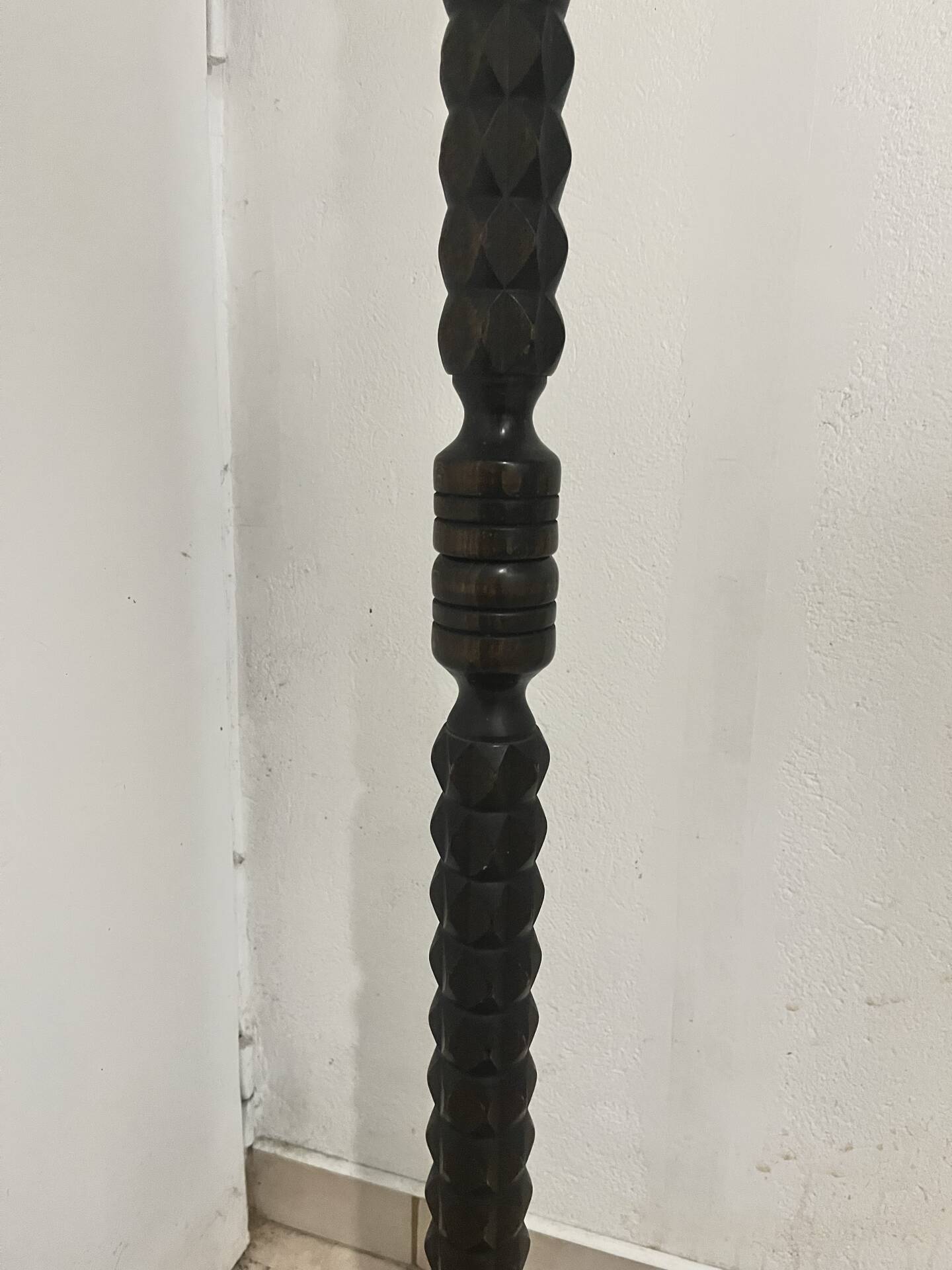 Vintage turned carved wooden floor lamp — Brutalist / Rustic style