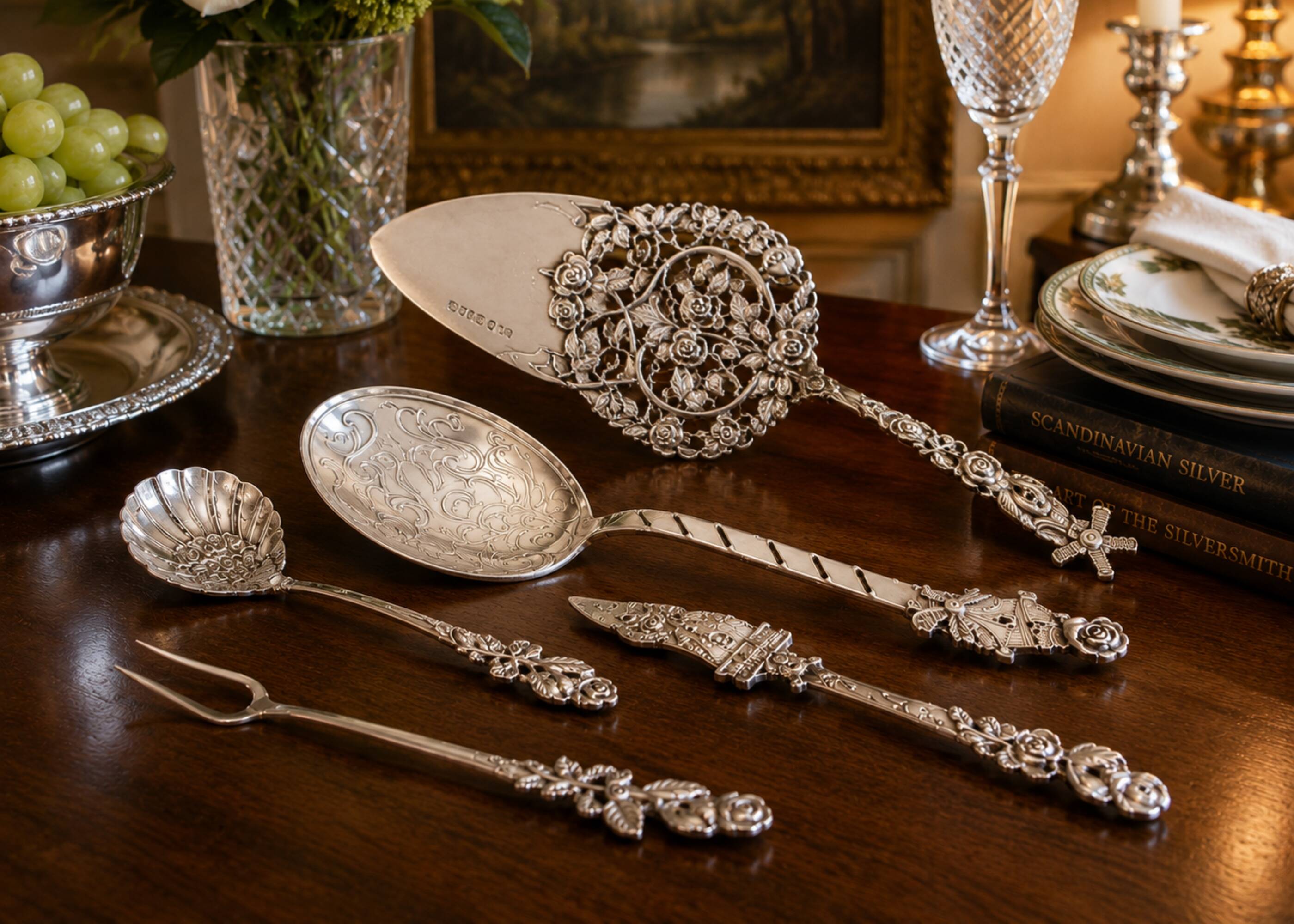 Antique Swedish Sterling Silver Hors d'Oeuvre and Dessert Serving Set, 1949