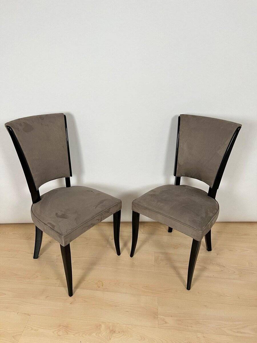 Art Deco Chairs in Black Lacquer & Grey Alcantara, France, 1930s, Set of 6