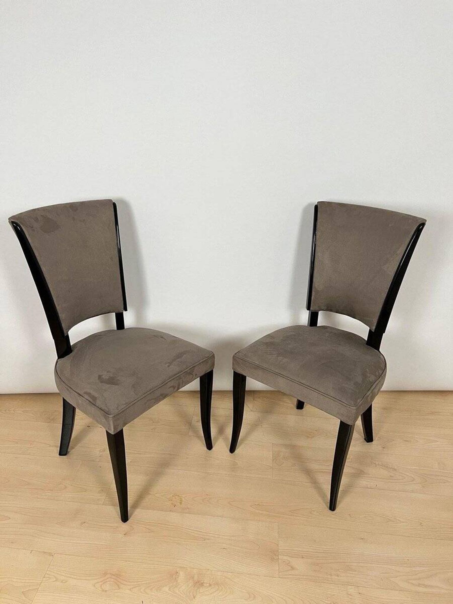 Art Deco Chairs in Black Lacquer & Grey Alcantara, France, 1930s, Set of 6