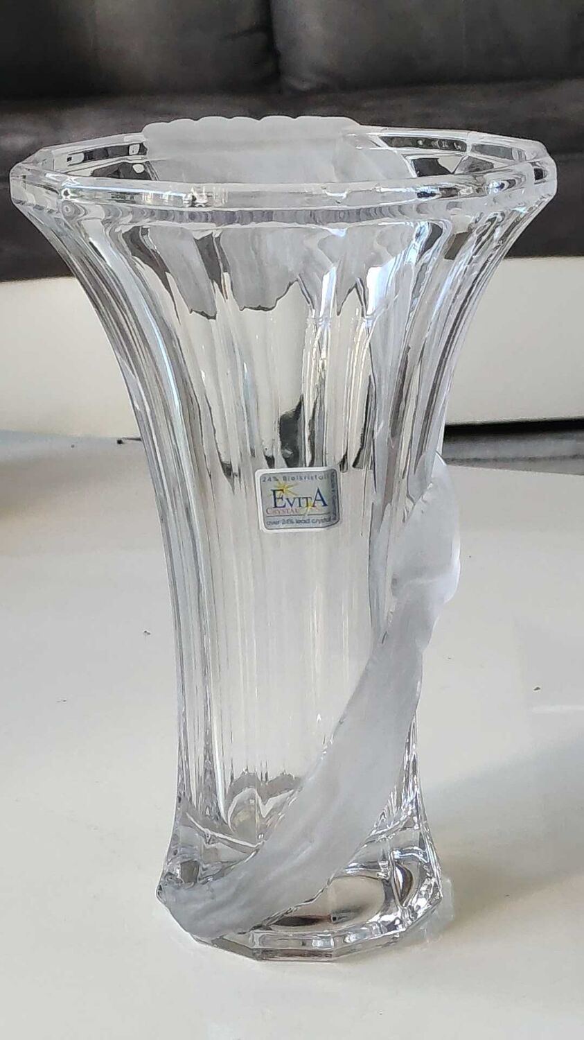 Vintage Multifaceted Crystal Vase, Frosted Draped Bow, col. Opaque white, Evita Crystal, Germany