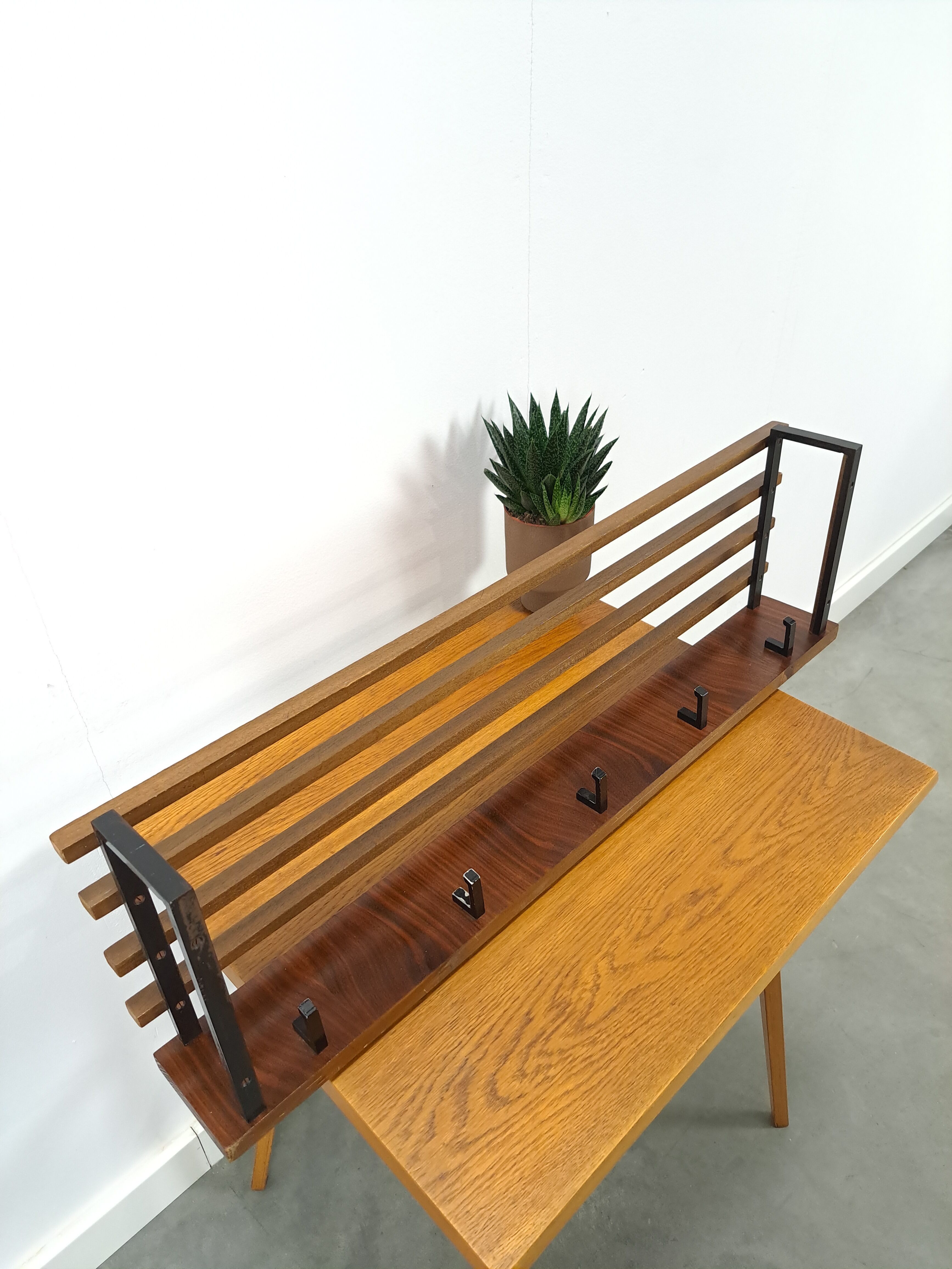 Wall coat rack with black steel and dark wood vintage