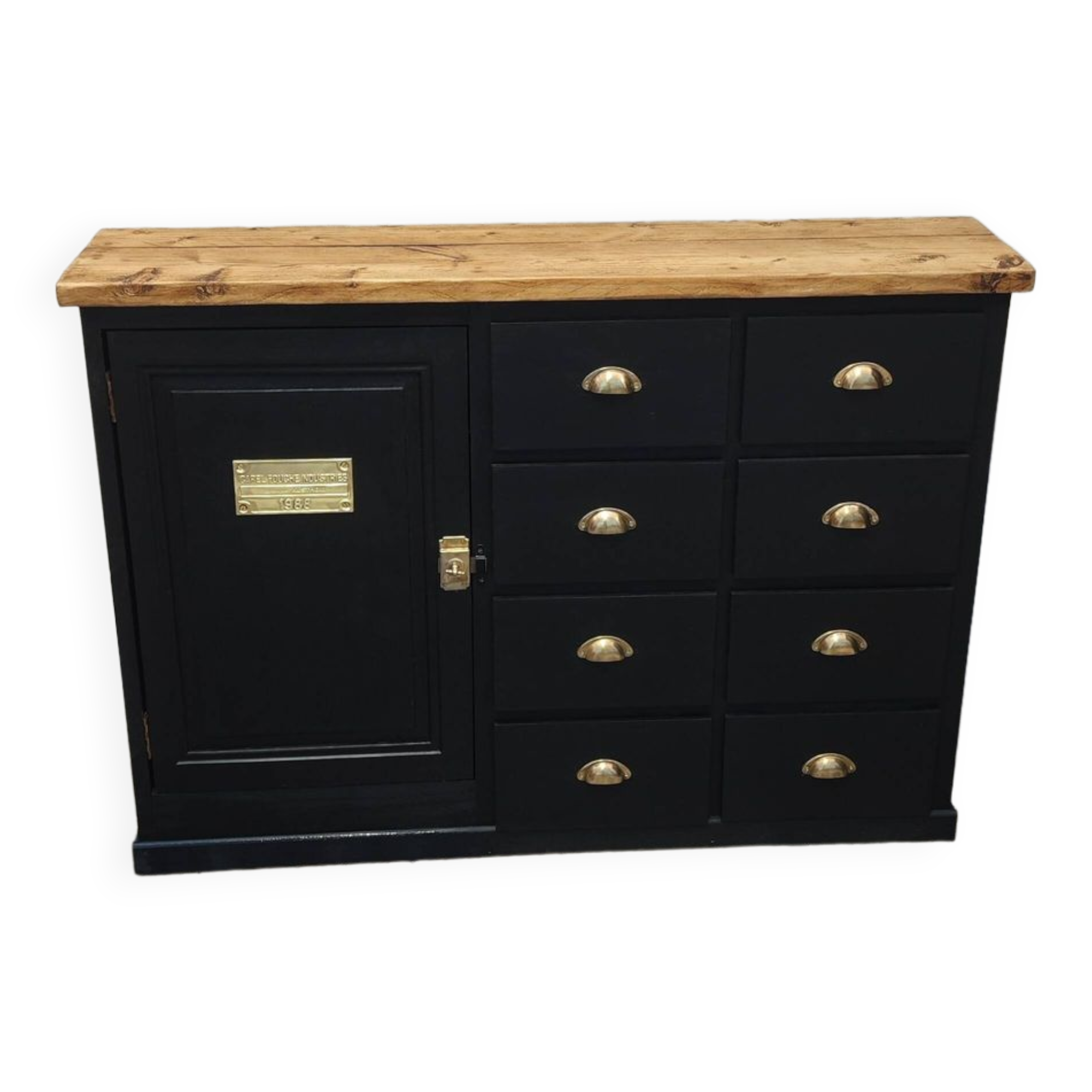 One-door workshop unit with eight black and gold drawers