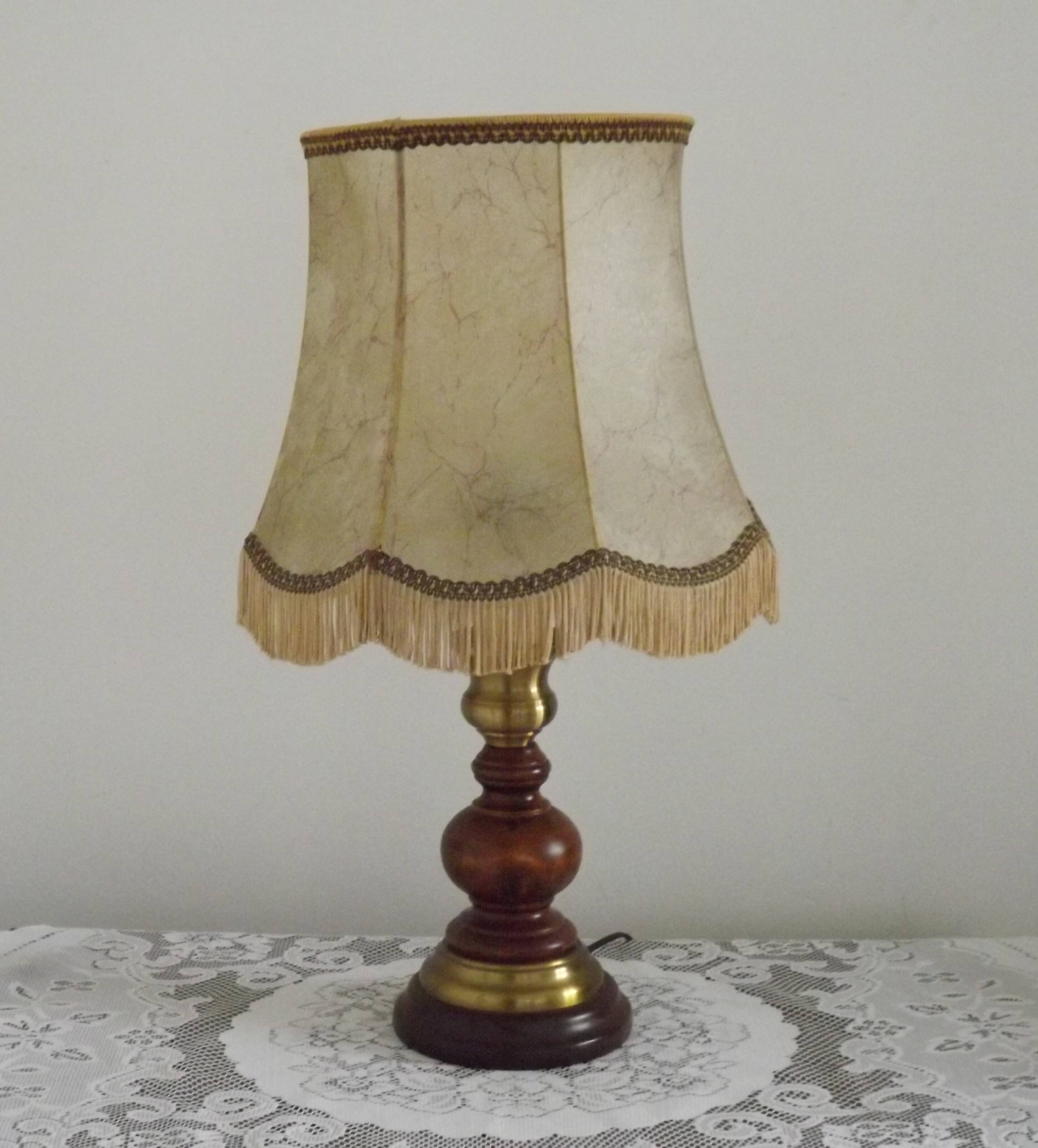 French Mid-Century Brass and Turned Wood Table Lamp with Hide Skin Shade