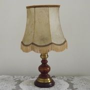 French Mid-Century Brass and Turned Wood Table Lamp with Hide Skin Shade