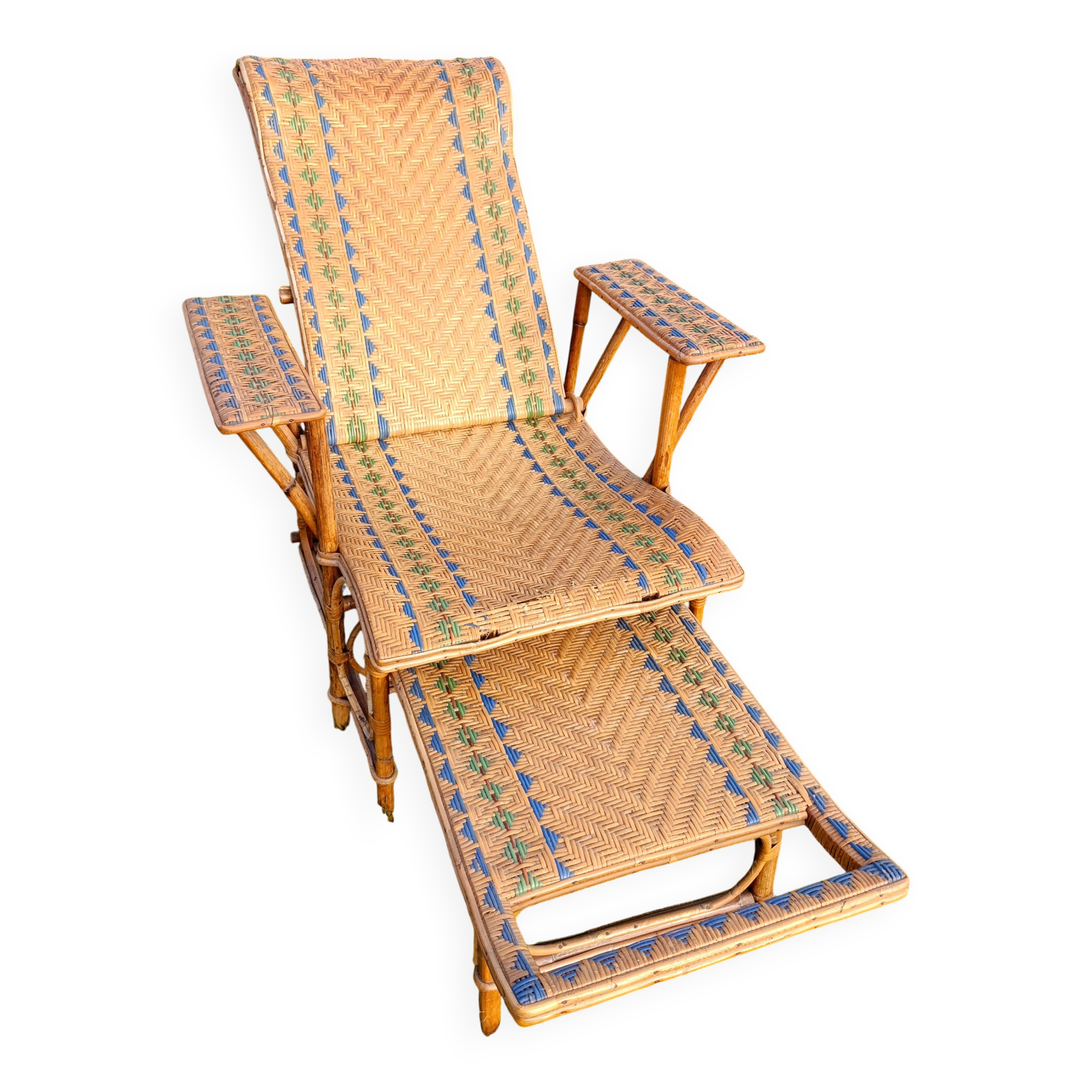 Adjustable Chaise Longue in Bamboo and Woven Rattan