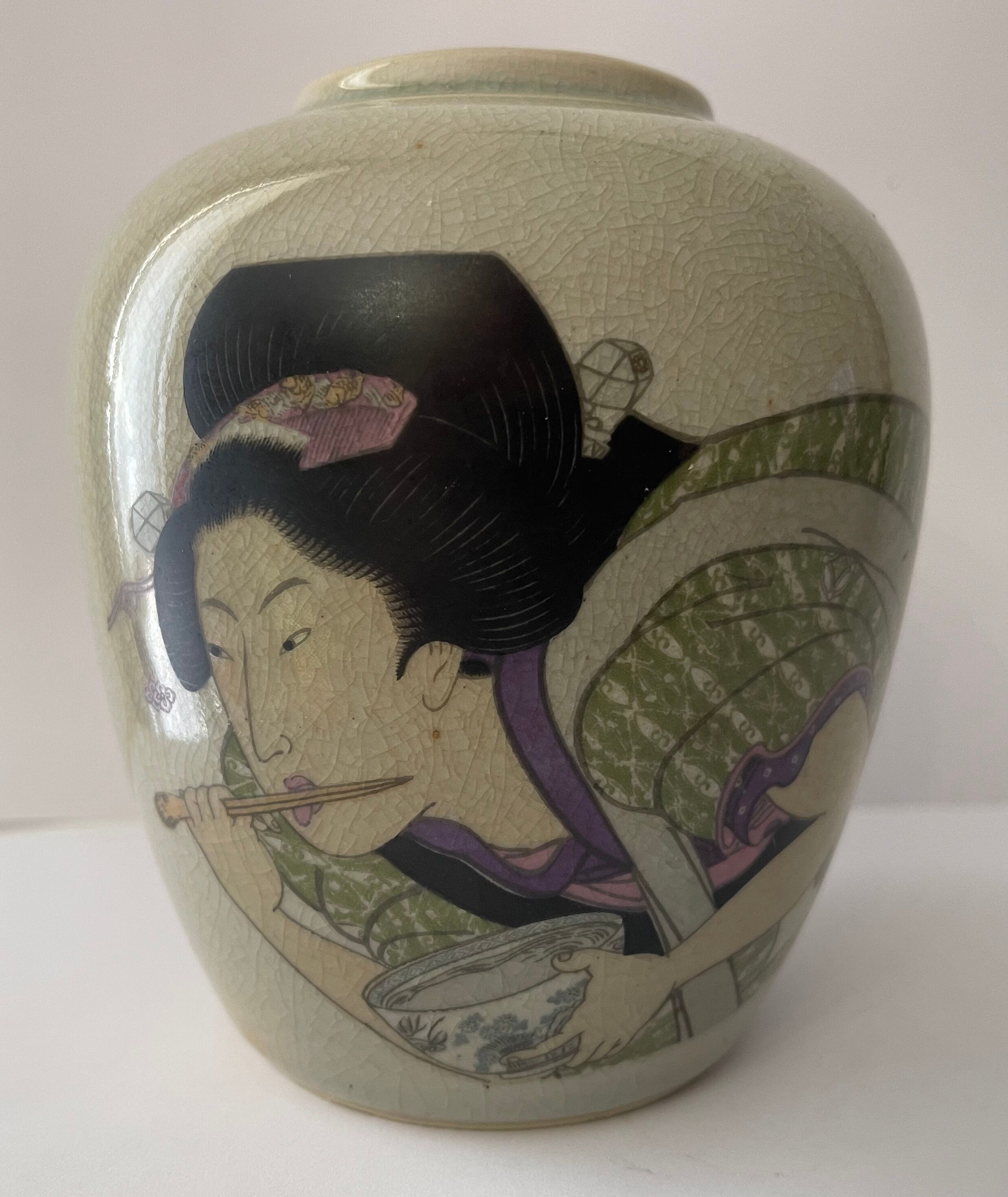 Polychrome vase and celadon XIX Naniwaya Okita Japan Nippon