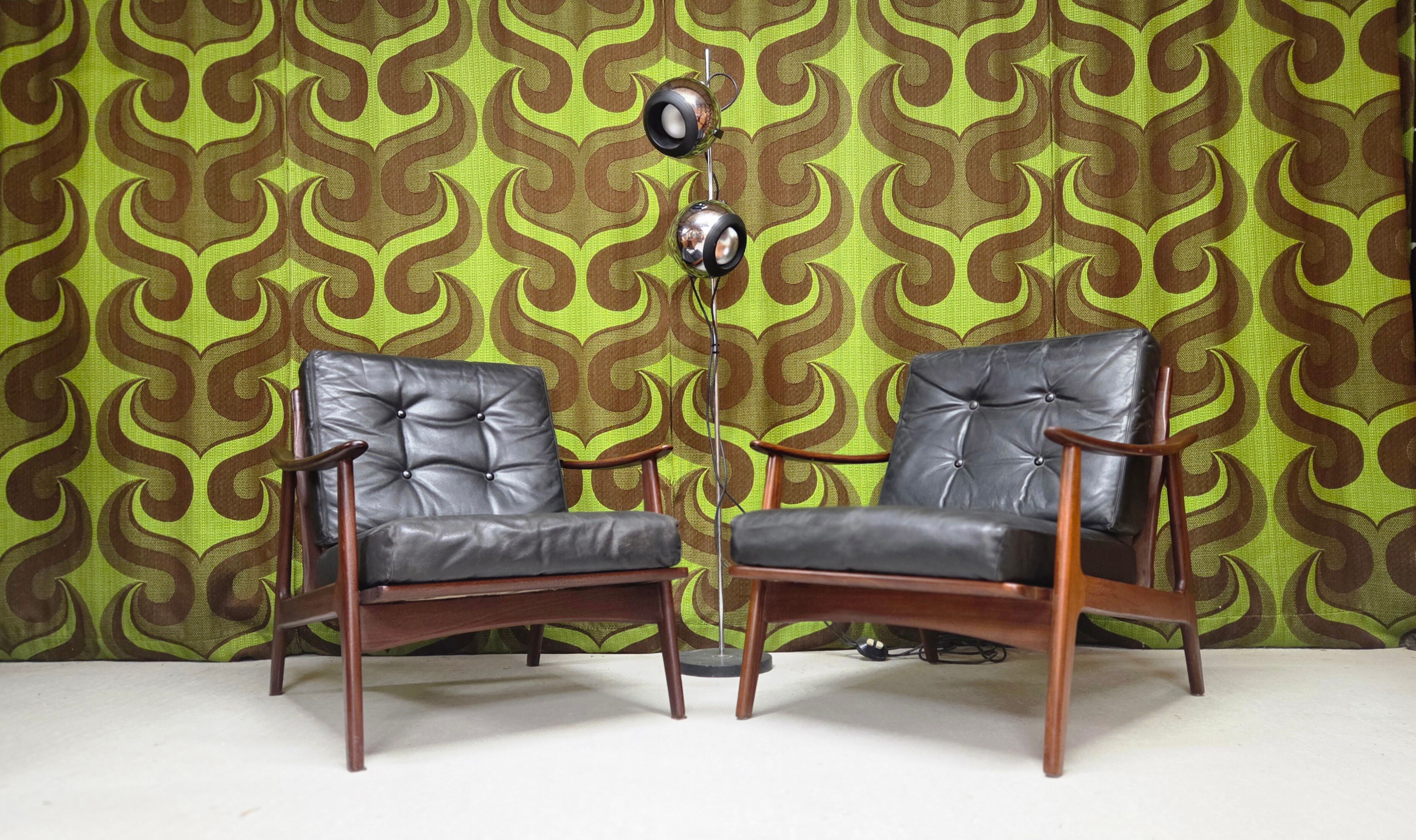 Pair of Scandinavian teak leather armchairs