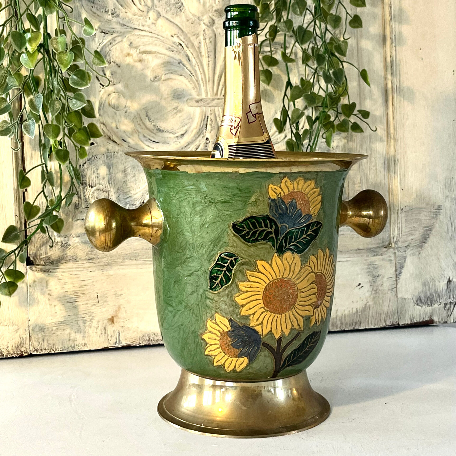 Vintage brass and green enamel cloisonné champagne cooler with sunflow