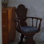 Scandinavian armchair in solid oak with cushion, folk art, early 19th century.