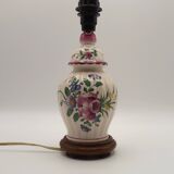 Pretty French vintage hand-painted ceramic floral lamp base on wooden plinth.