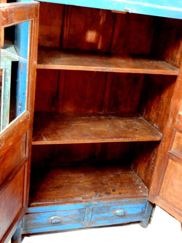 Armoire buffet bleu vaisselier vitre bois vieux teck 2 tiroirs