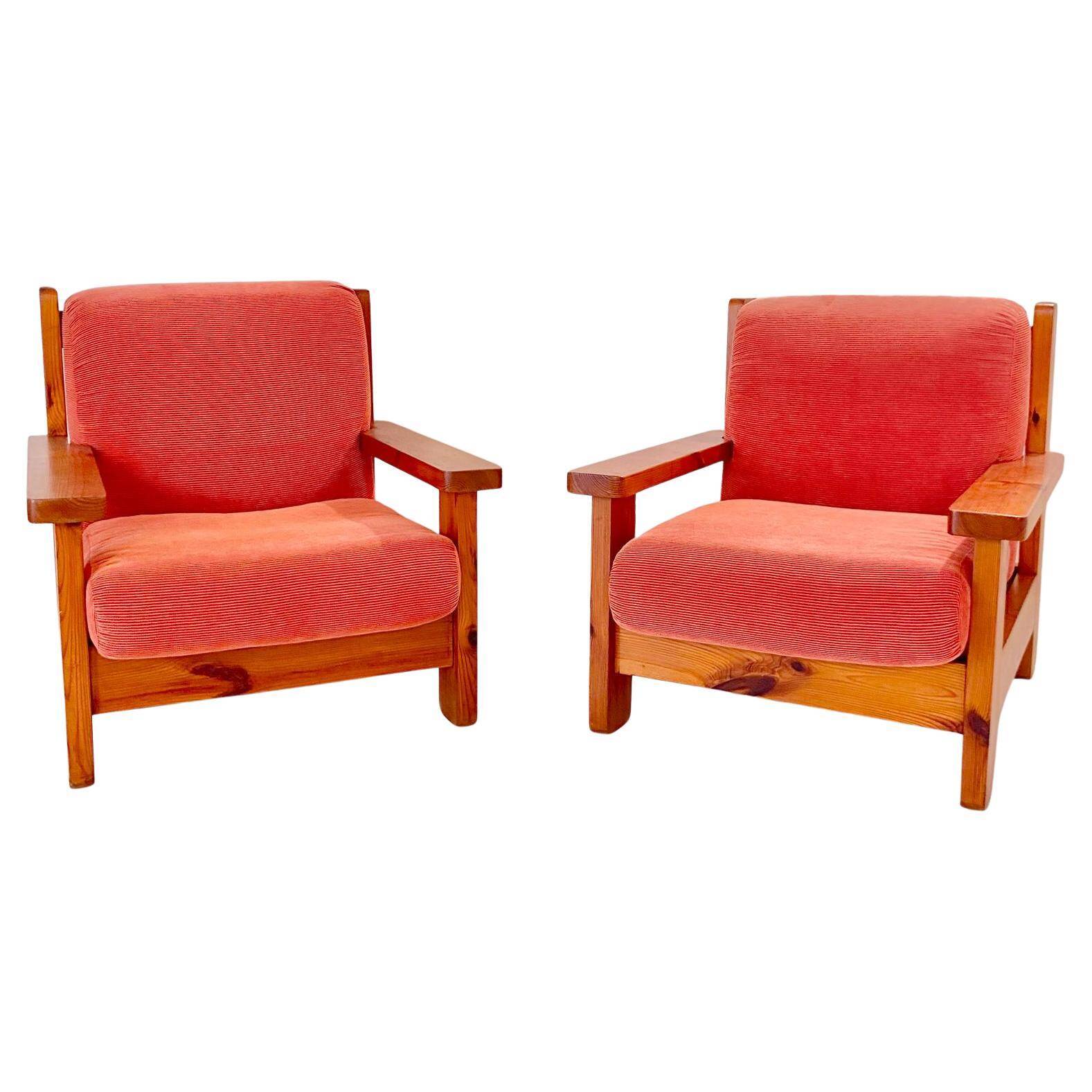 Mid Century Modern Vintage Wood and Red Velvet Armchairs, set of two, Italy 1970