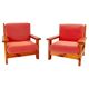 Fauteuils vintage en bois et velours rouge du milieu du siècle, lot de deux, Italie 1970