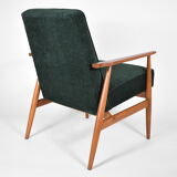 Fauteuil poli d’origine vintage « Fox » conçu par H. Lis années 1970, tissu vert forêt, restauré