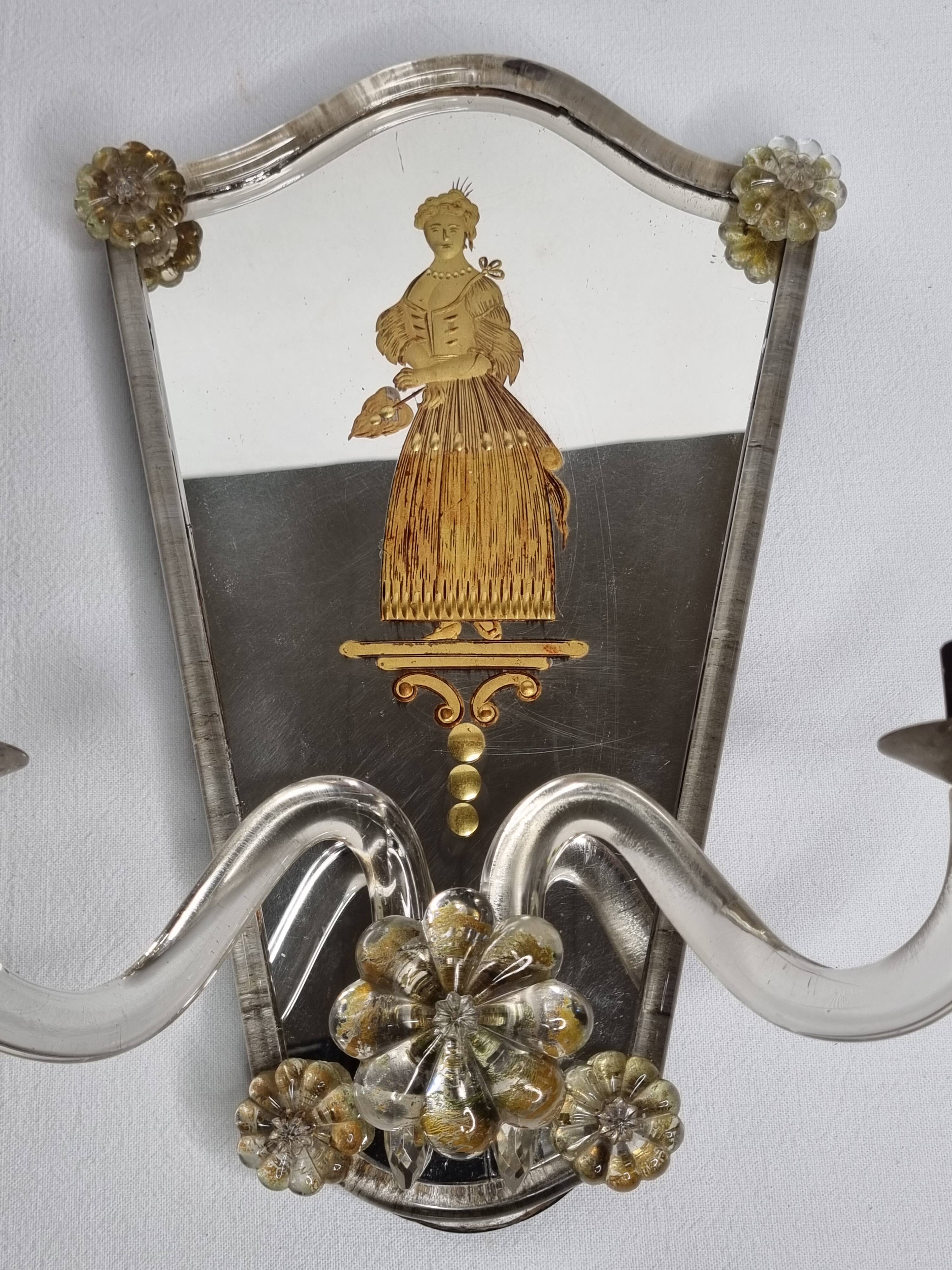 Pair of antique Murano wall lights with gilded engraved mirror, Italy, 19th century