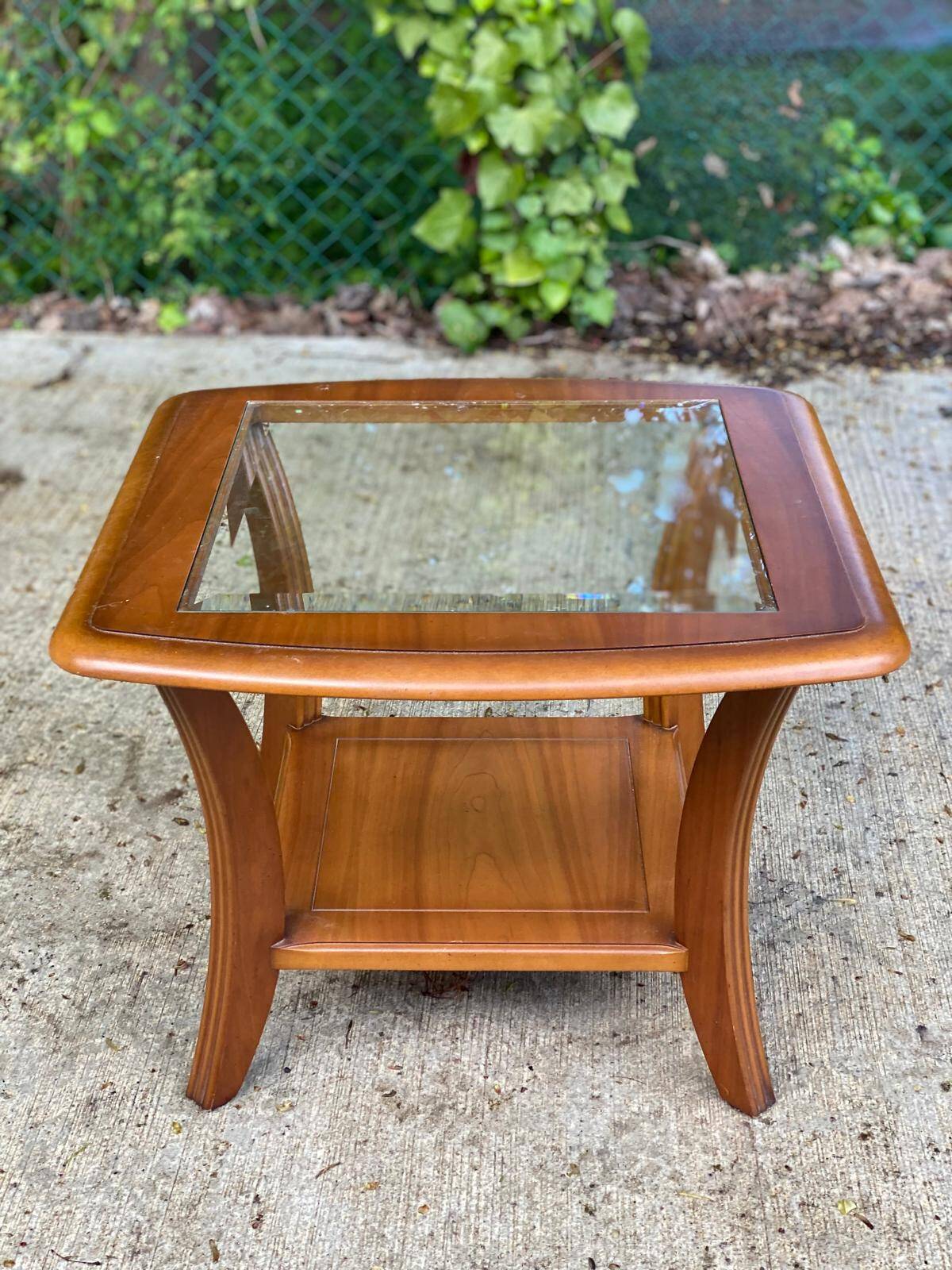 Scandinavian square coffee table, curved wood and glass, 60cm