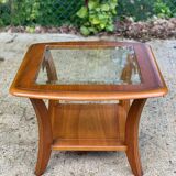 Scandinavian square coffee table, curved wood and glass, 60cm