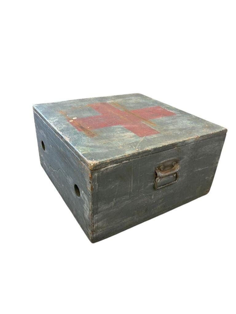 Vintage grey wooden chest with red cross 'first aid'