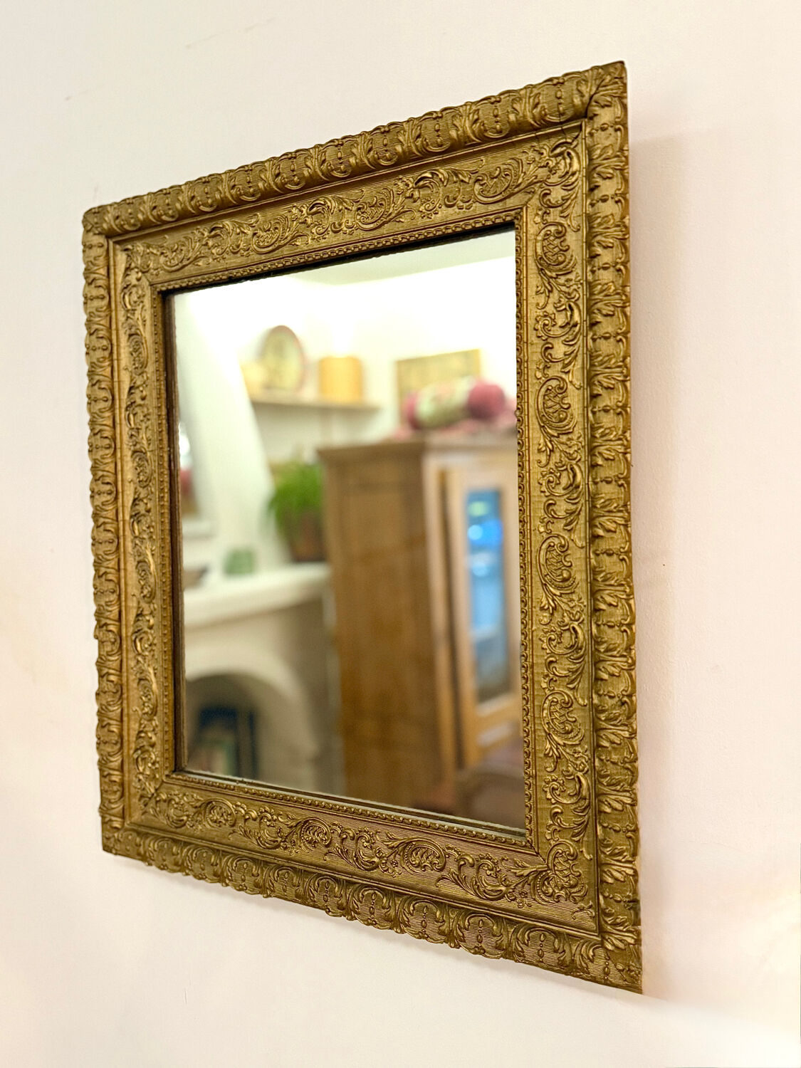 Period Mirror with Wooden and Gilded Stucco Frame – 19th Century Patina