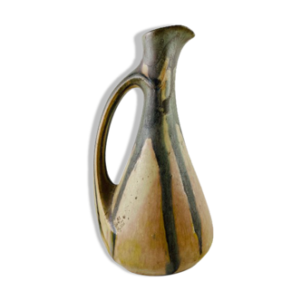 Ancient soliflore vase in sandstone beige and gray-green ewer shape signed Denbac