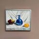 Huile sur toile "Nature morte avec bouteille bleue" par inconnu, vintage et encadrée.